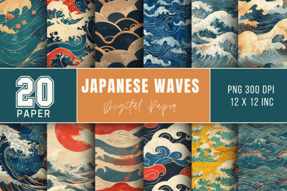 Japanese Waves Backgrounds Bundle: 20 High-Resolution Digital Papers